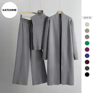 KatchMe Women's Three-Piece Set Solid Turtle Neck Tank Top & Wide Leg Trousers & Open Front Long Cardigan Set, Women Clothes for Fall & Winter