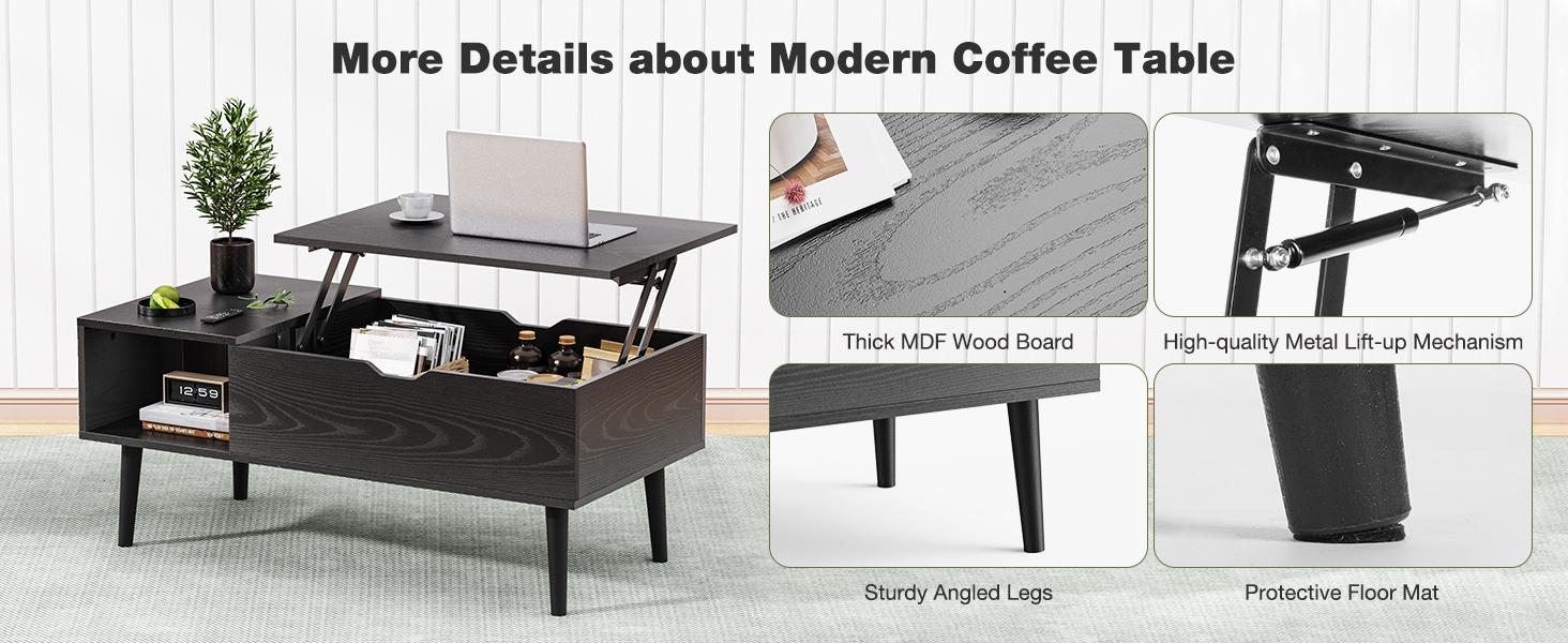 Modern Lift Top Coffee Table with Storage Shelf & Hidden Compartment for Living Room & Dining Room - Simple Style & Easy Assembly