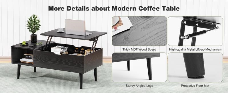Modern Lift Top Coffee Table with Storage Shelf & Hidden Compartment for Living Room & Dining Room - Simple Style & Easy Assembly