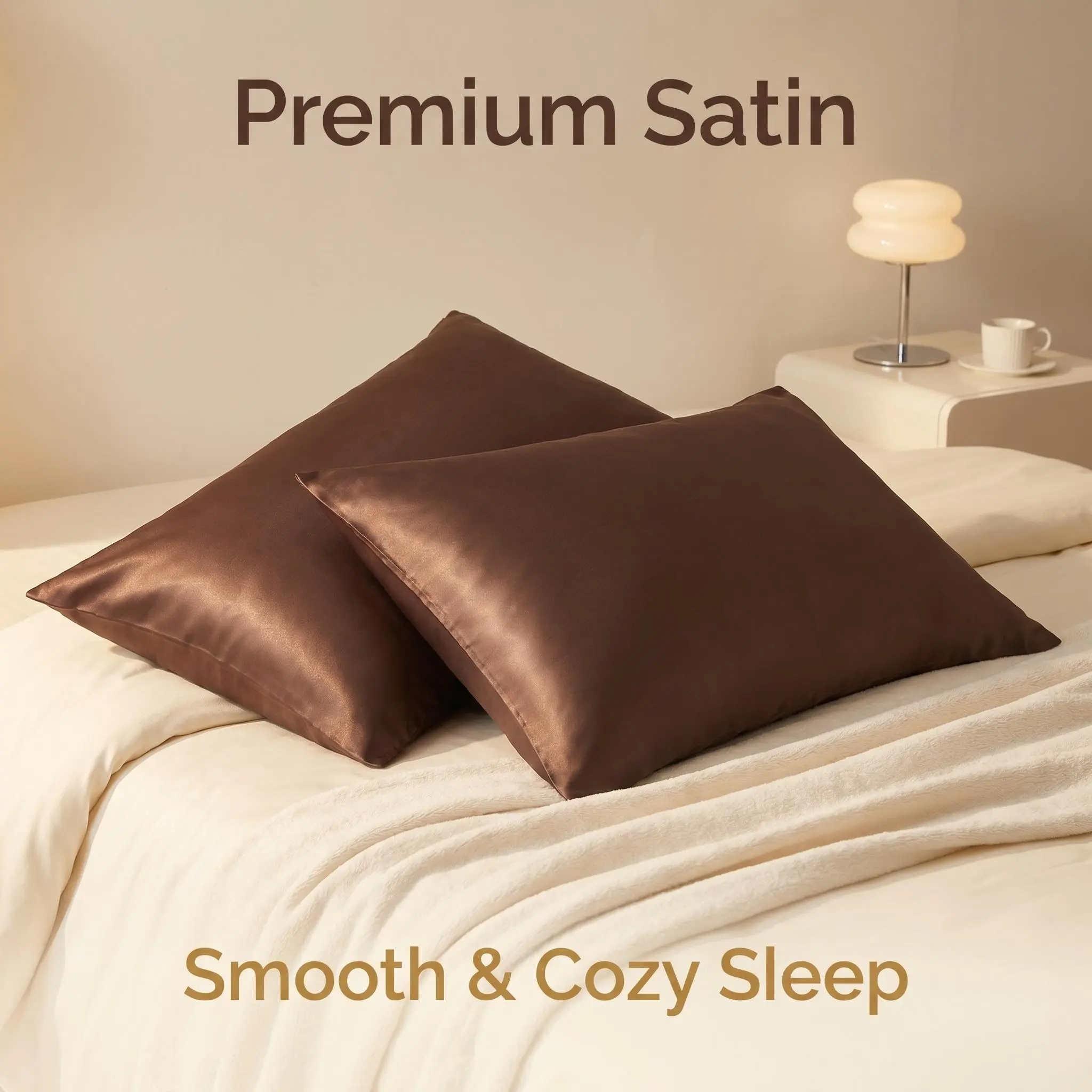 Bedsum 2-Pack Silk-Like Silky Satin Pillowcases with Hidden Zip Secure, Mite-Free Multi-Size Bedding Pillow Cases for Hair and Skin, Mite‑Free Satin, Two-Pack