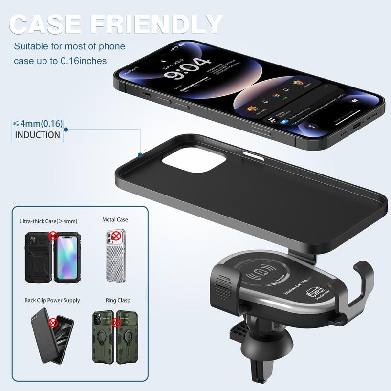 Wireless Car Charger, 15W Fast Car Charger Phone Holder fit for iPhone 17 16 15 14 13 12 11 Pro Max, Samsung Galaxy S23 S22 S21