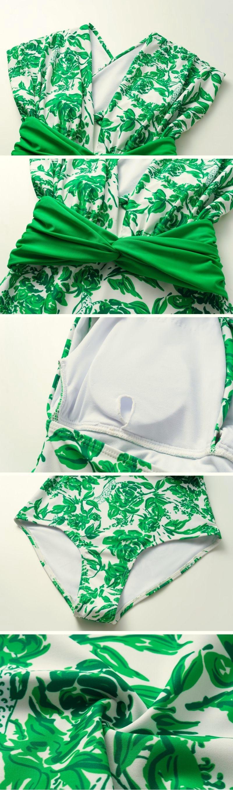 FLAXMAKER Women's Convertible Strap V Neck Tummy Control Green Print One Piece Swimsuit and Matching Skirt Set V-Neck Swimdress Swimwear Bathing Suit Stylish Beachwear #TikTokShopBlackFriday Tankini Tops