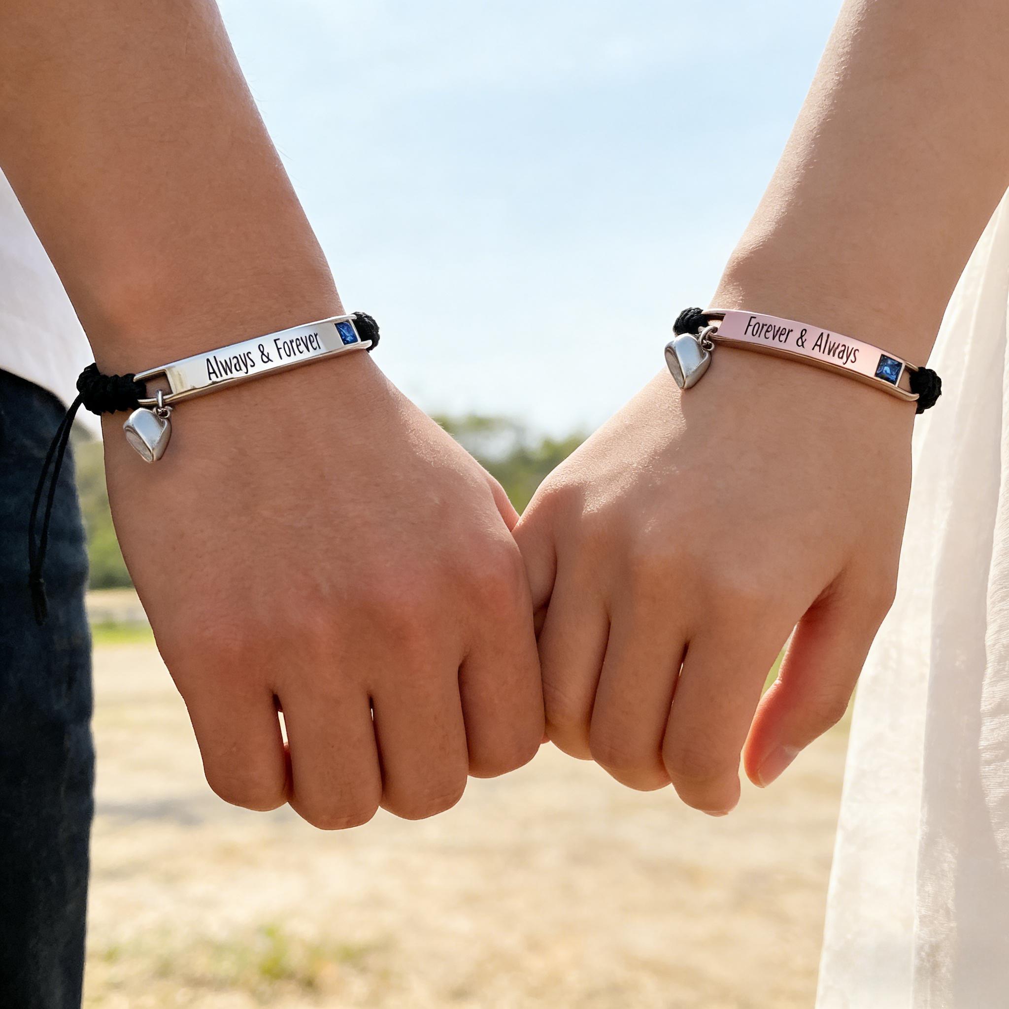 2pcs Magnetic Connection Couple Bracelets, Adjustable Braided Rope with "Forever & Always" Engraving Gift Set