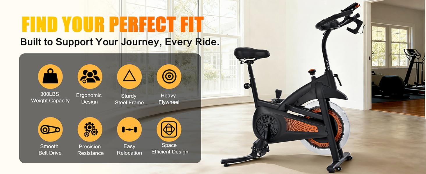 SAYGOGO Exercise Bike with Felt Brakes & Belt Transmission Stationary Bike for Home Use 300 lb Weight Capacity LED Display & Adjustable Seat Indoor Cycling Spin Bike Workout