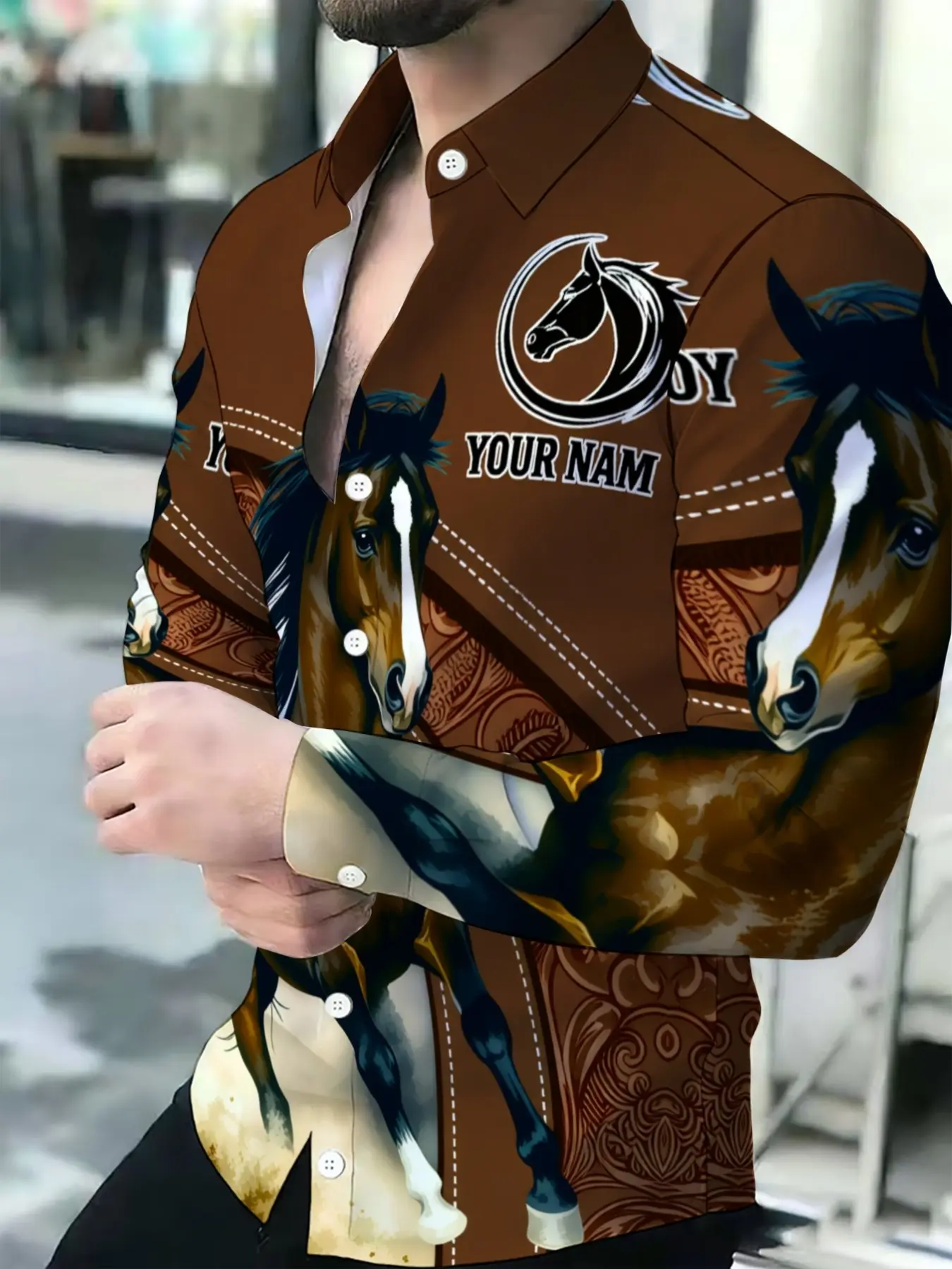 Brown Horse Pattern Leather Texture Men's Classic Casual Cozy Design Breathable Lapel Long-Sleeve Cardigan