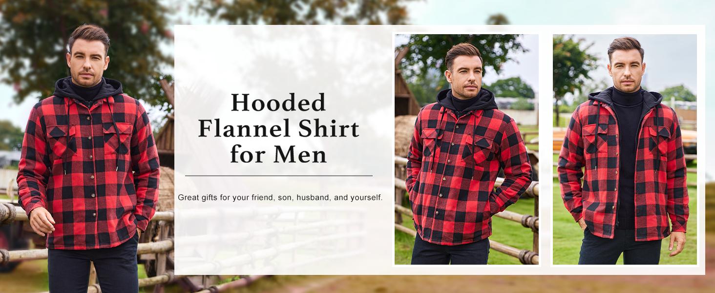 COOFANDY Men's Quilted Lined Flannel Shirt Jacket with Hood Long Sleeve Plaid Shirt Jacket