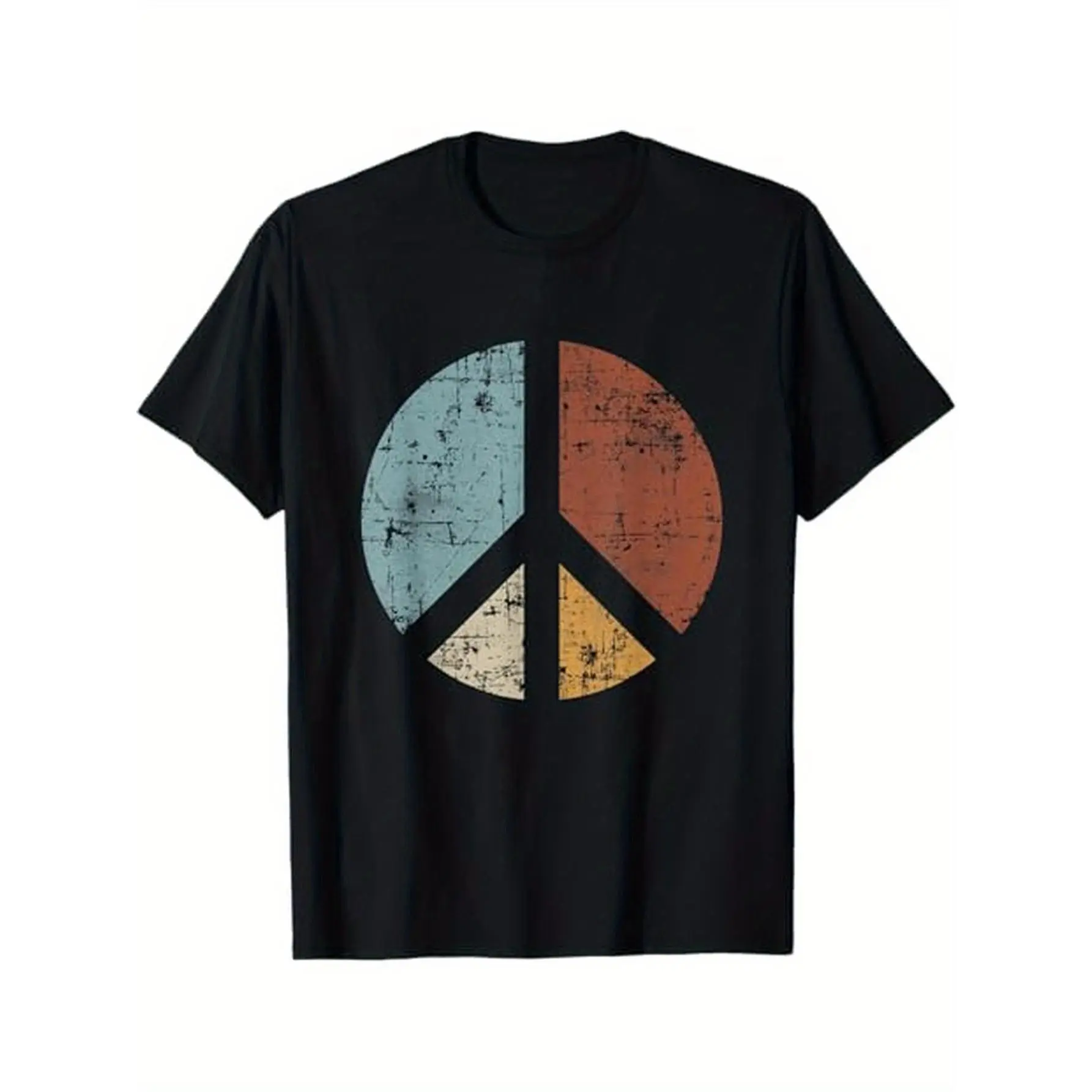Men's Vintage Distressed Cotton Short-Sleeve T-Shirt, Peace Sign Style Breathable Top, Halloween/Christmas Gift for Family & Friends, S-XXXL Black, Shortsleeve, Tops, Everyday