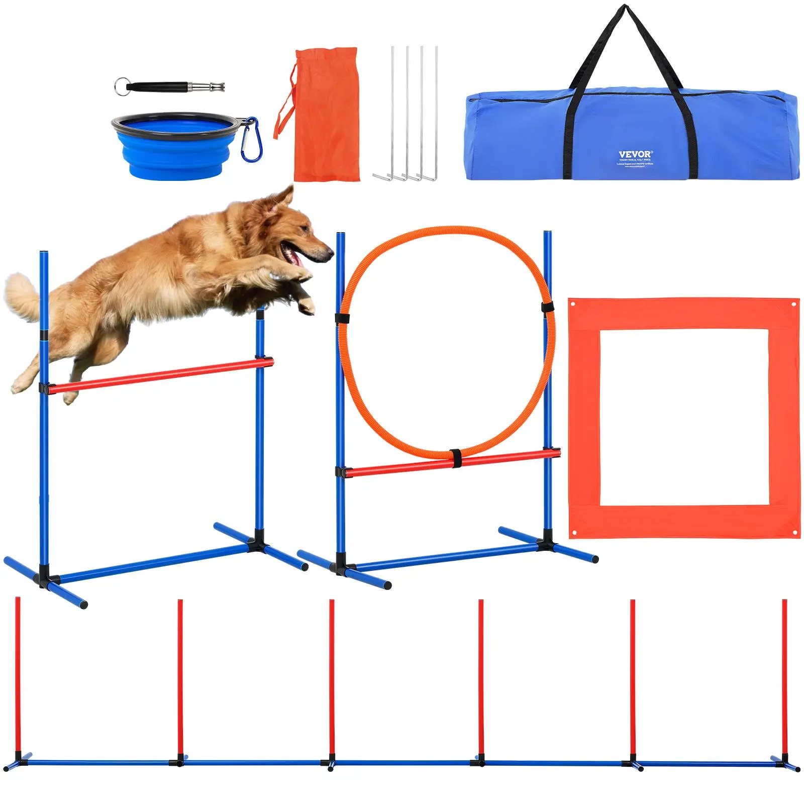 【SummerFinds】VEVOR Dog Agility Training Equipment,  , 4 PCS Set with Adjustable High Hurdles,6 Weave Poles,Jump Ring,Square Pause Box,Whistle,Foldable Bowl, Puppy Obstacle Course Kit for Backyard, Indoor, Outdoor
