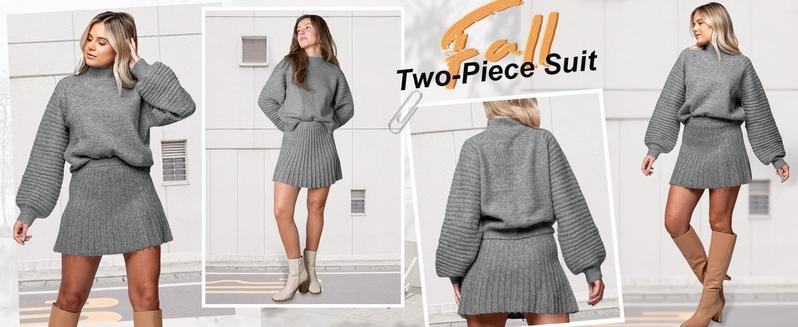 Imily Bela Christmas Women's 2 Piece Outfits Long Sleeve Mock Neck Ribbed Sweaters And Mini Skirt Two Piece Sets