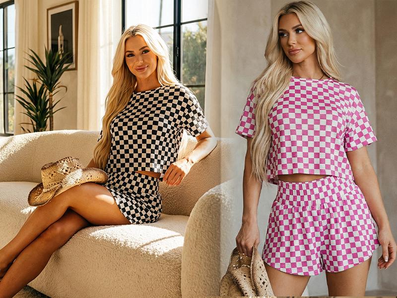 Women's Checkerboard T-Shirt & Ruffle High Waist Skort Set 2026 Summer Casual Breathable Fabric Two-Piece Outfit for Daily Wear Chic Crewneck