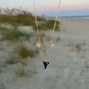 shark tooth beach charm necklace, 14k gold filled sun, starfish & shark tooth on paperclip chain