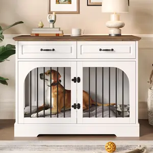43.3" Farmhouse Dog Crate Furniture, Wooden Dog Kennel with 2 Storage Drawers and Rotating Food Bowls, Secure Metal Bar Crate for Lage & Medium Dogs, Indoor Dog Crate Side Table, White and Brown