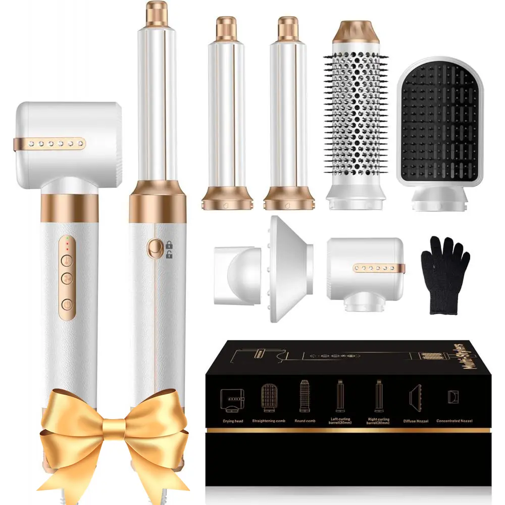 Women's 7-in-1 Negative Ion Round Brush Blow Dryer Set - Thermal Hair Tool for Smooth Styling, Straightening, Fast Drying, Volumizing, Curler, Frizz Reduction, 100-120V Festive Party Gift, Negative Ions