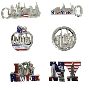 6 Pack Silver Bundle NYC Metal Fridge Magnets New York Souvenir Empire State Building, Skylines, Statue of Liberty, Brooklyn Bridge, Big Apple, USA Flag, Fridge Magnet Bottle Opener