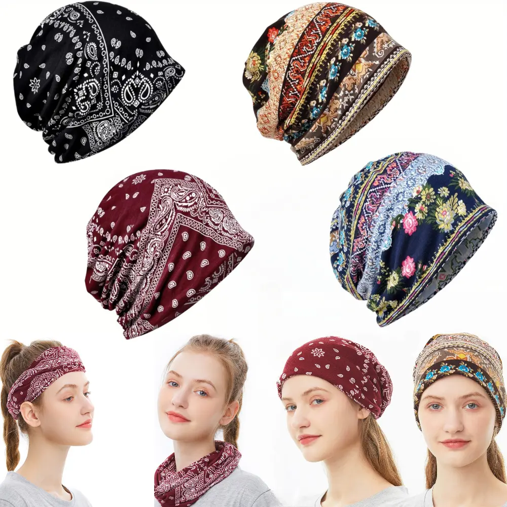 4-Pack 11in Women's Slouchy Beanie Chemo Cap - Breathable Turban Wrap, Boho Style Floral Scarf, Wrap Cap Hair Net for Cancer Patients (Home Improvement Building Supplies Accessory), Wrap Cap Hair Net And Scarf