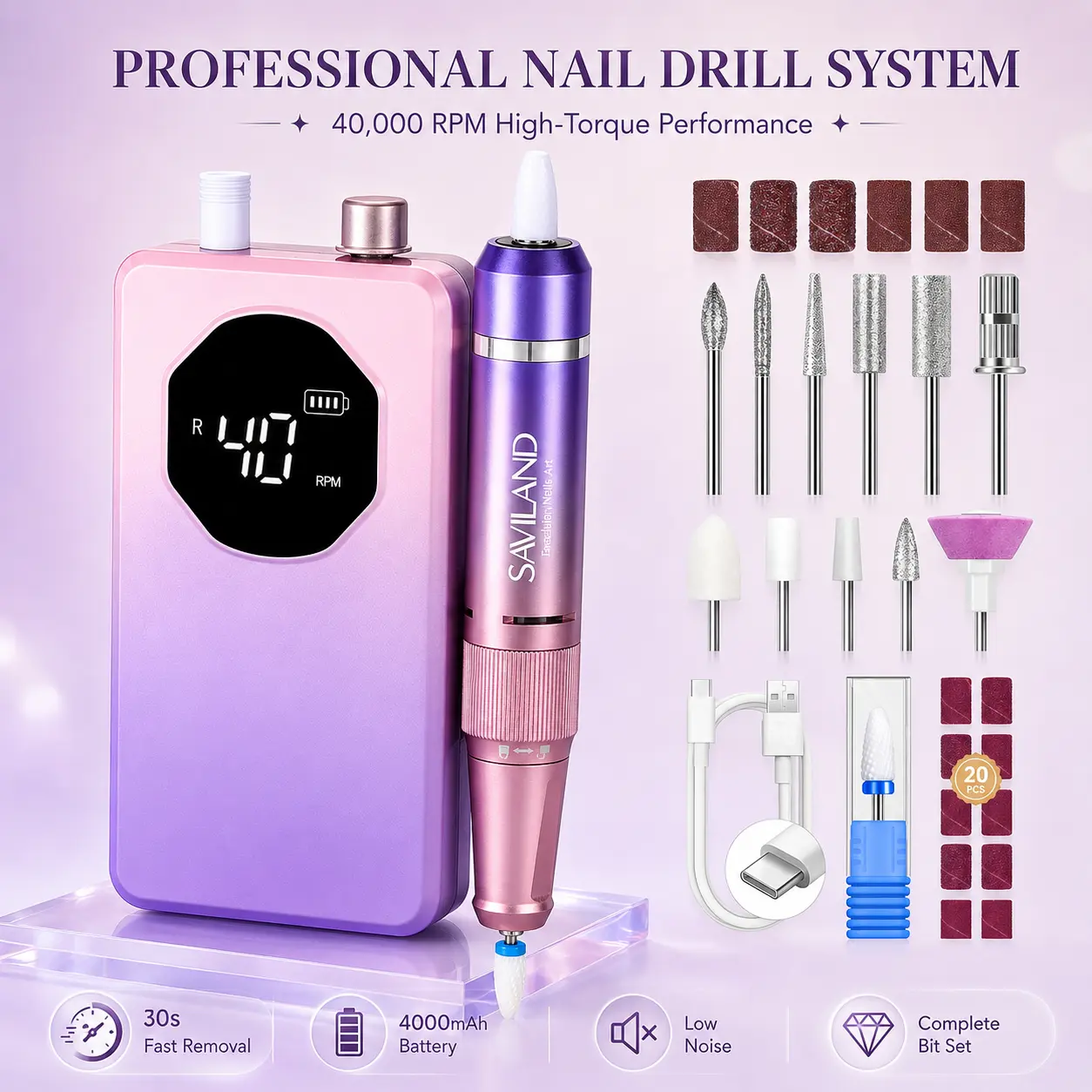 SAVILAND 2026 Professional Nail Drill, 40000RPM Electric File for Acrylics – 30S Fast Removal, Low Noise, Rechargeable, Long-Lasting Battery for Manicure, Pedicure, Tech & Salon Use