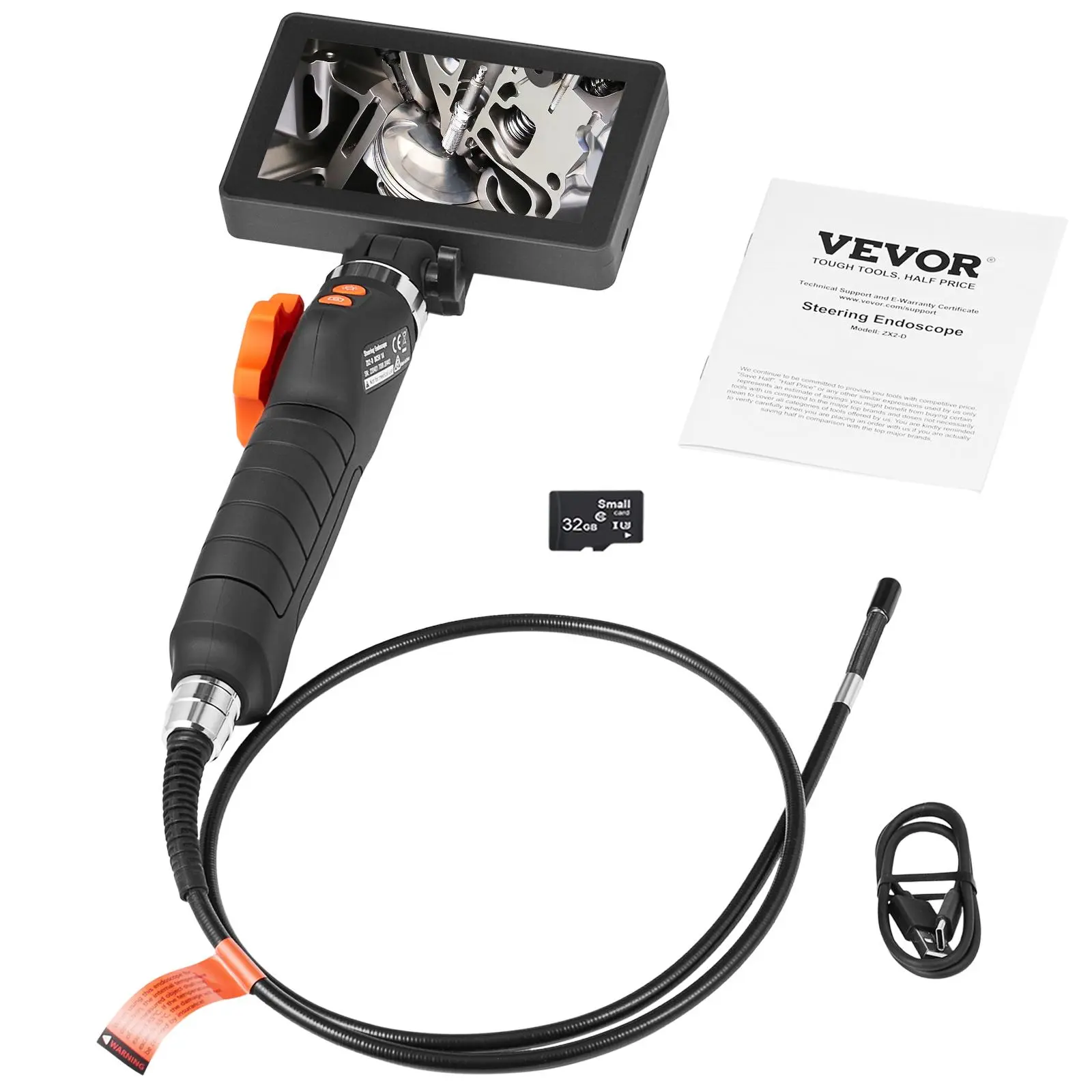 VEVOR Flexible Borescope Digital Camera Diagnostic Tool, 6.4mm & 0.25in Slim Dual-Articulation IP67 Lens Endoscope, 5-in IPS HD Screen, 8X Magnification, 8 LED Illumination Snake Camera, 32G USB Tool for Auto/Plumbing, 180° Bend for Tight Spots, 0.25In Sl