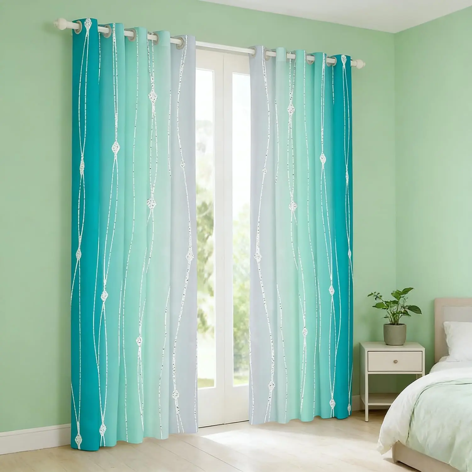 Teal and Grey Watercolor Curtains Wave Lines and Dots 50% Blackout Curtains,Gradient Ombre Curtains & Drapes Aesthetic Abstract Window Treatments
