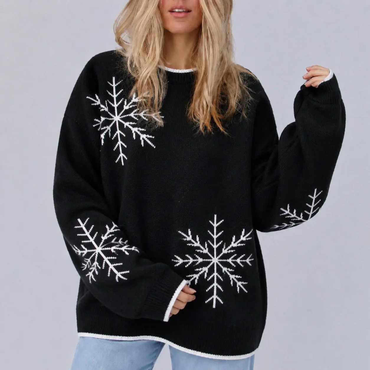 #SohoChic Womens Ugly Christmas Sweater Snowflake Print Knit Pullover Casual Holiday Festive Tops Long Sleeve Crewneck Jumper Soft Cozy Winter Apparel Pilling Resistant Everyday Knitwear Red Black Gray Size S M L XL