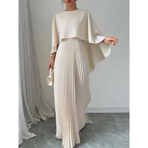 Women's Plain Pleated Cloak Sleeve Maxi Dress, Elegant Round Neck Dress Party Holiday Guest, Ladies & Fall Clothes,'s Day Gift Girl White Beige