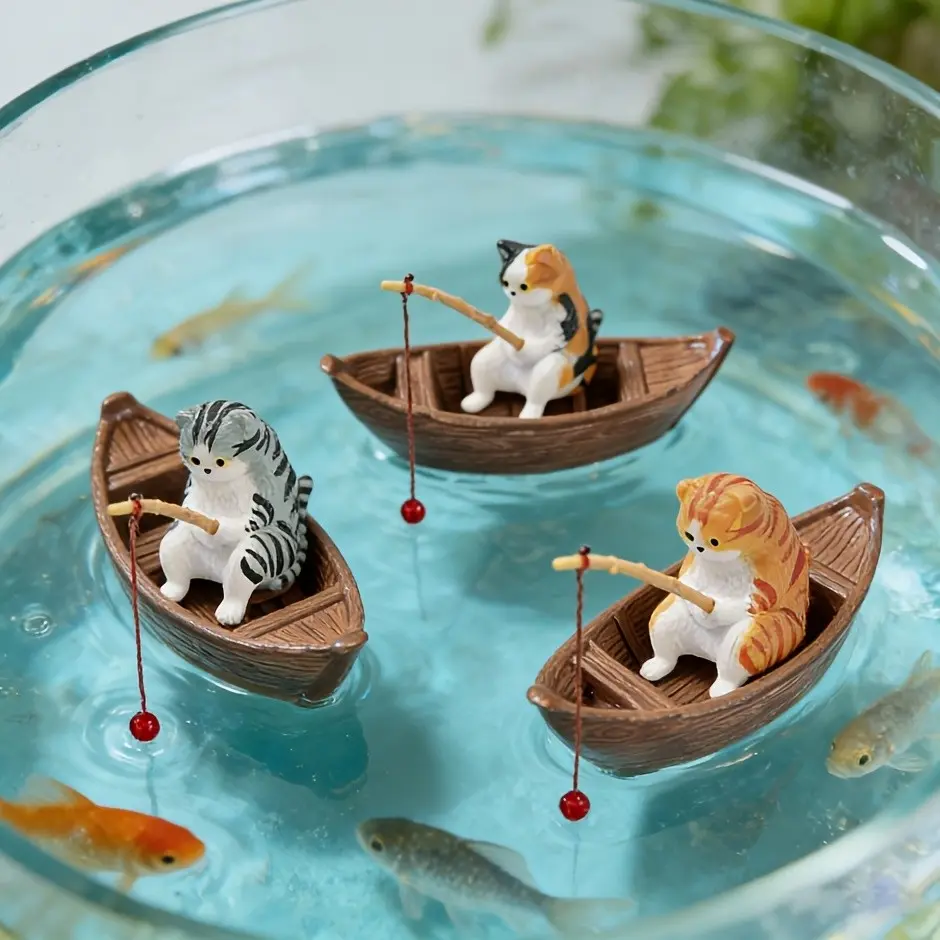 Cute Cat Fishing Aquarium Decor, Fish Tank Decorations, Set of Two, High-Quality Resin, Durable Water-Resistant, Fun Design, Suitable for Various Fish Tanks