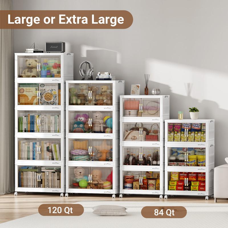 Broview 360Qt Large Storage Bins with Lid, 90Gal Stackable Closet Organizer and Storage Drawer, Collapsible Storage Box with Wheels, Plastic Clothes Storage Cabinet Containers for Home Organization, Black/White