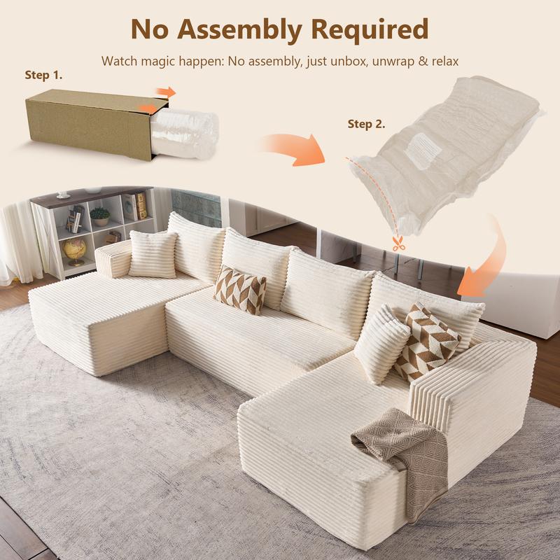 CAODOC Cloud Couch Sectional Modular Sofa, 135" Boneless Couches Sofa for Living Room, Modern Plush U Shaped Sofas Corduroy Couch Sectional with Chaise Lounge