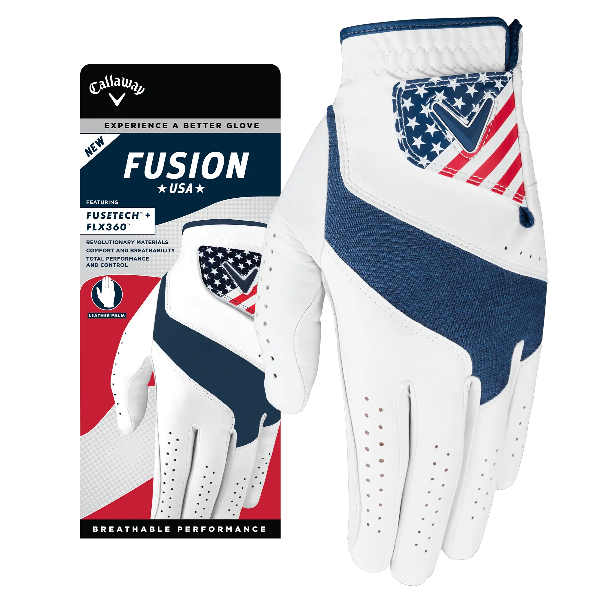 Callaway Golf Men's Team USA Fusion Golf Glove in White/Navy/Red | Size: Large