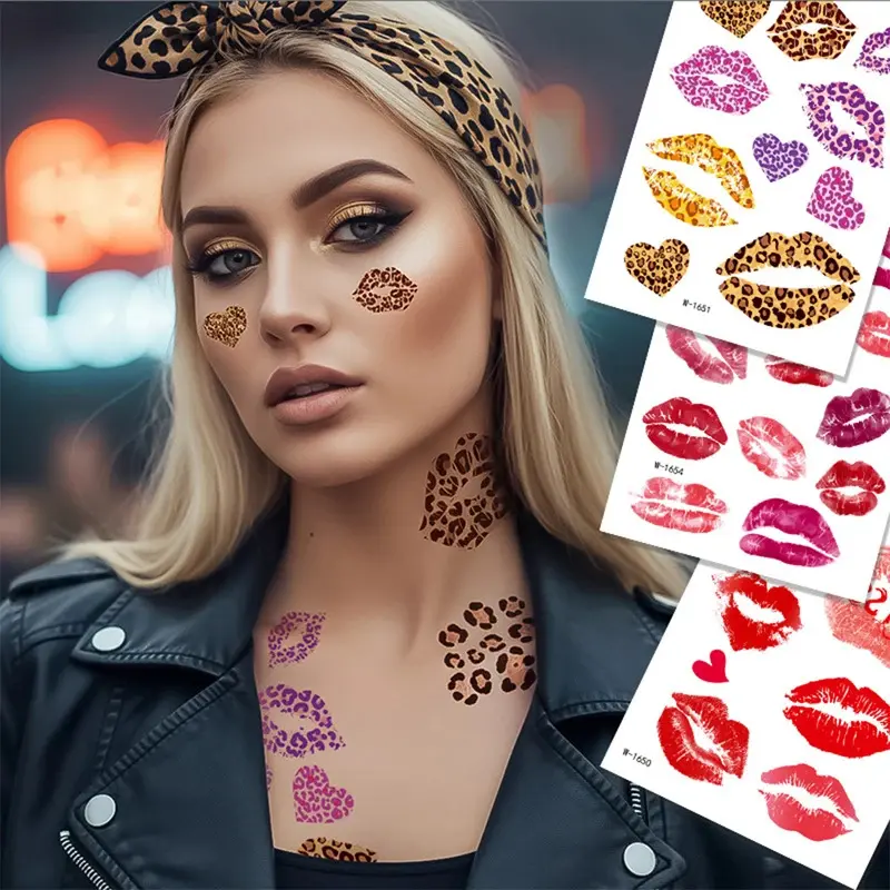 8pcs Valentine's Day Temporary Tattoo Sticker Sexy Leopard Red Lips Kiss Love Face Tattoo Sticker For Party Body Art Fake Tattoo Juicy Lip Tattoo Lip Tattoo Stickers Sticker Tattoos