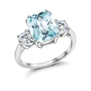 3.36 Cttw Sky Blue Simulated Aquamarine and Moissanite 3-Stone Ring For Women | 925 Silver | Cushion 10X8MM | Round 4.5MM | Three Stone Wedding Engagement Anniversary Ring