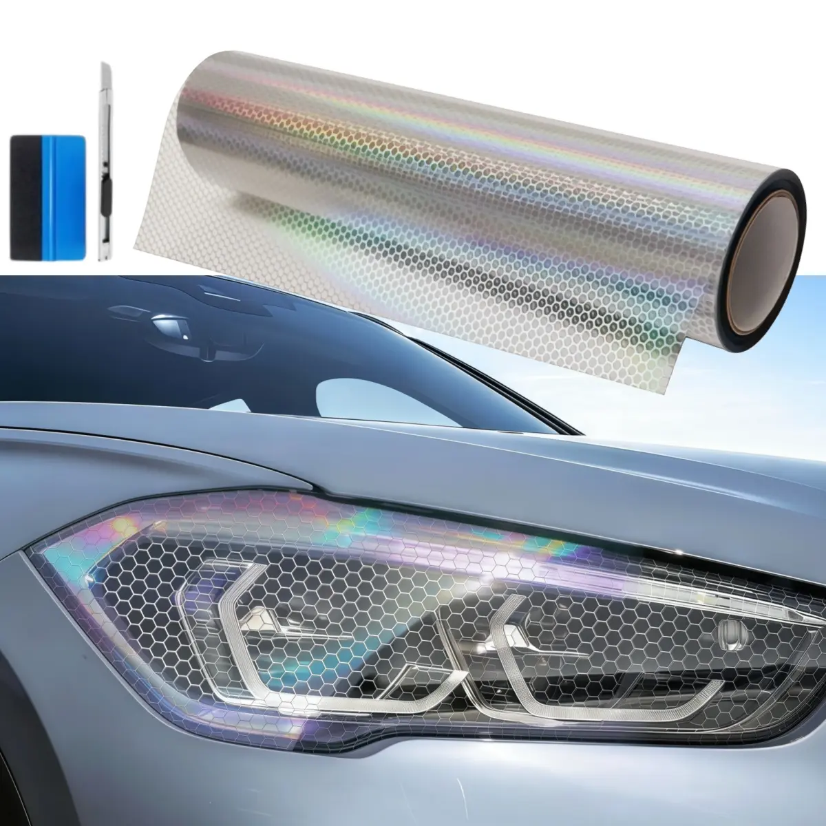 FONESO 12" x 60" Headlight Taillight Tint Film Tool Kit, with Squeegee and Cutter, Honeycomb Vinyl Tint Wrap Decals Protector Sticker - Tear Off without Residue, HEX Self Adhesive Fog Lights Sticker Sheet Roll for Car Lights Cover - 5FTx1FT