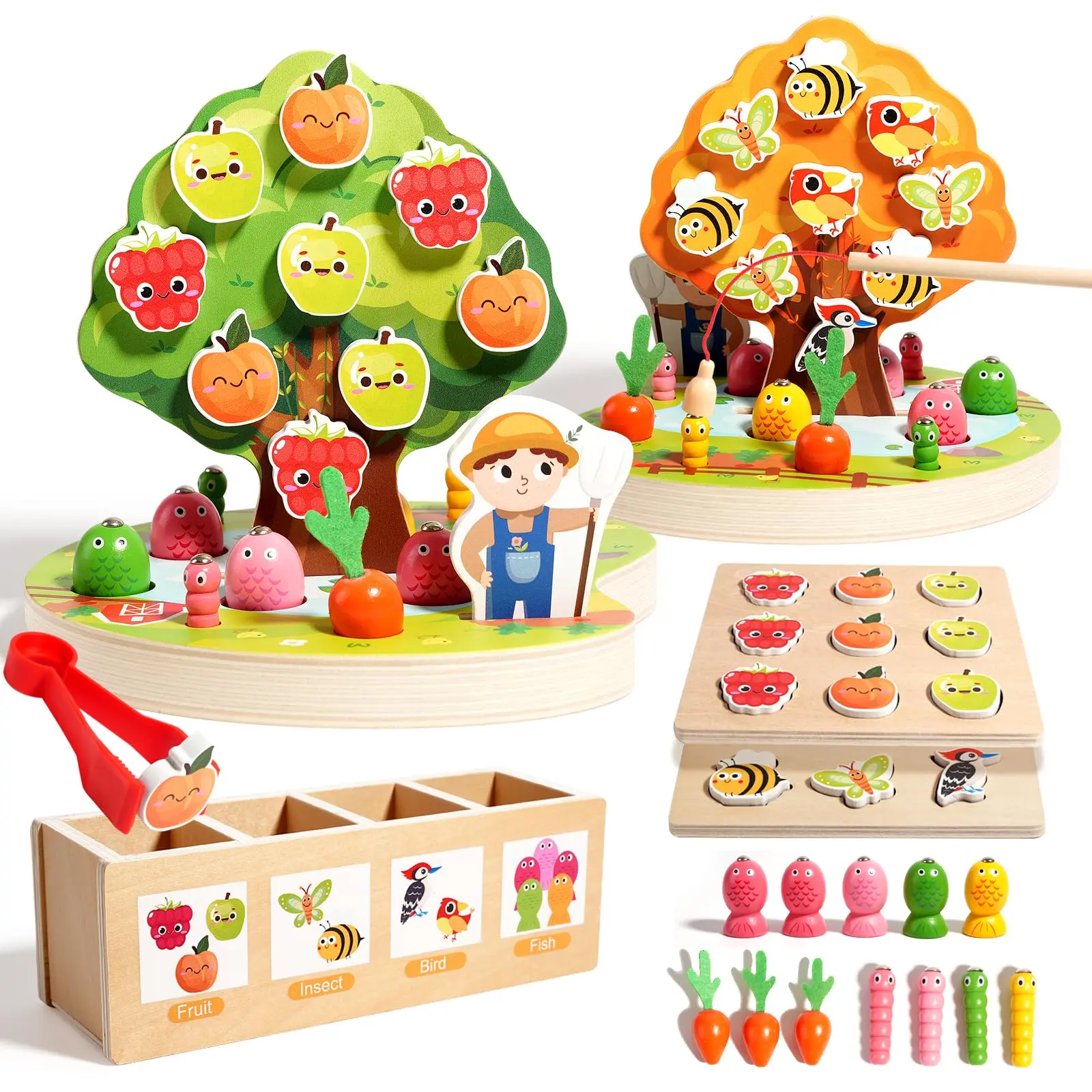 INIFEIDALA Wooden Montessori Educational Toys for 3-5 Year Olds, Shape Sorter with Carrot Harvest & Magnetic Fishing Games, Fine Motor Skills Development Birthday Gifts for Boys & Girls