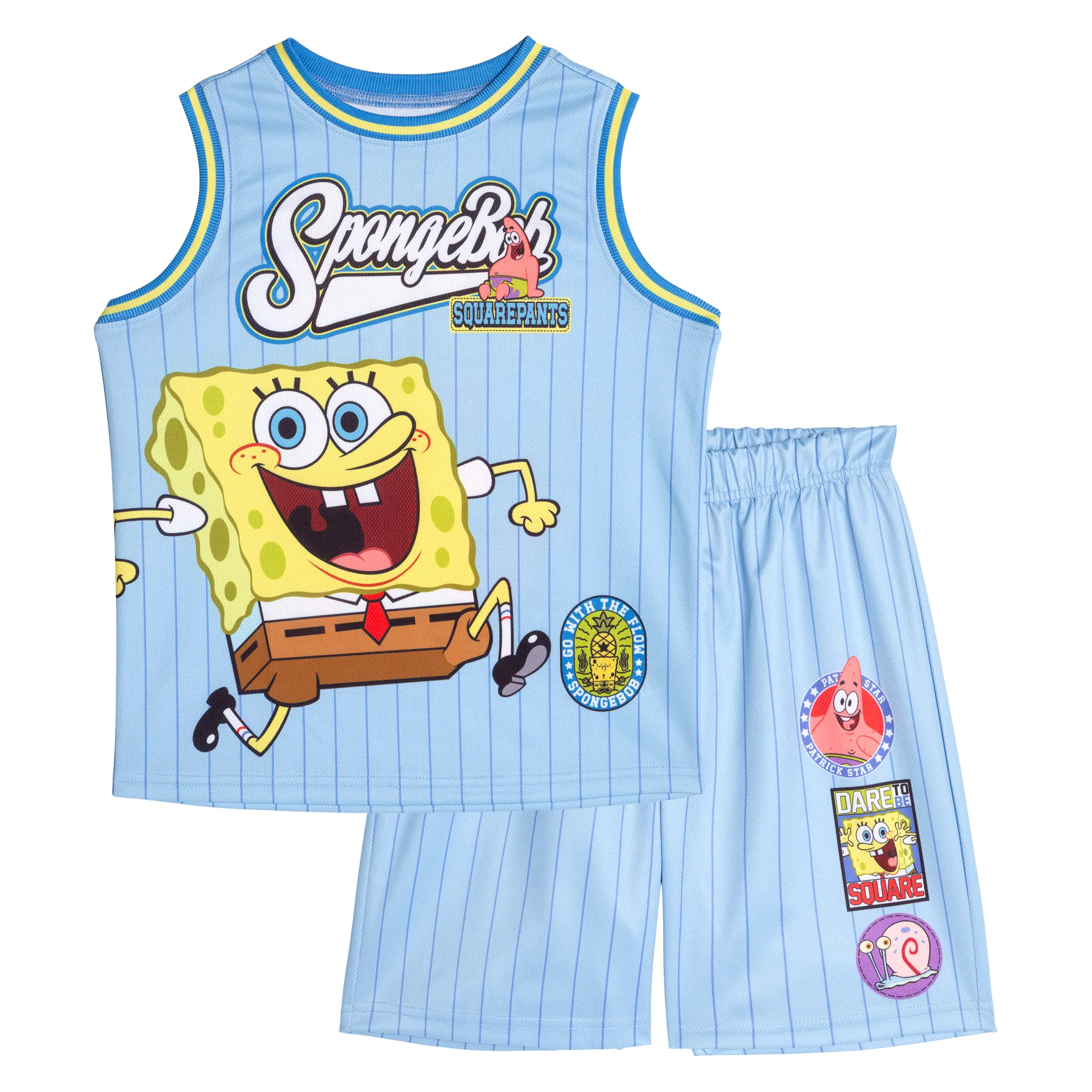 Boys' SpongeBob SquarePants 2-Piece Outfit - Sleeveless Graphic Jersey Top, Mesh Shorts - Light Blue, Little Kid to Big Kid