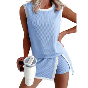 EncoLax 2 Piece Sets for Women Summer Outfits Ribbed Knit Tank Top and Split Lined Skirt Two Pieces Lounge Matching Set