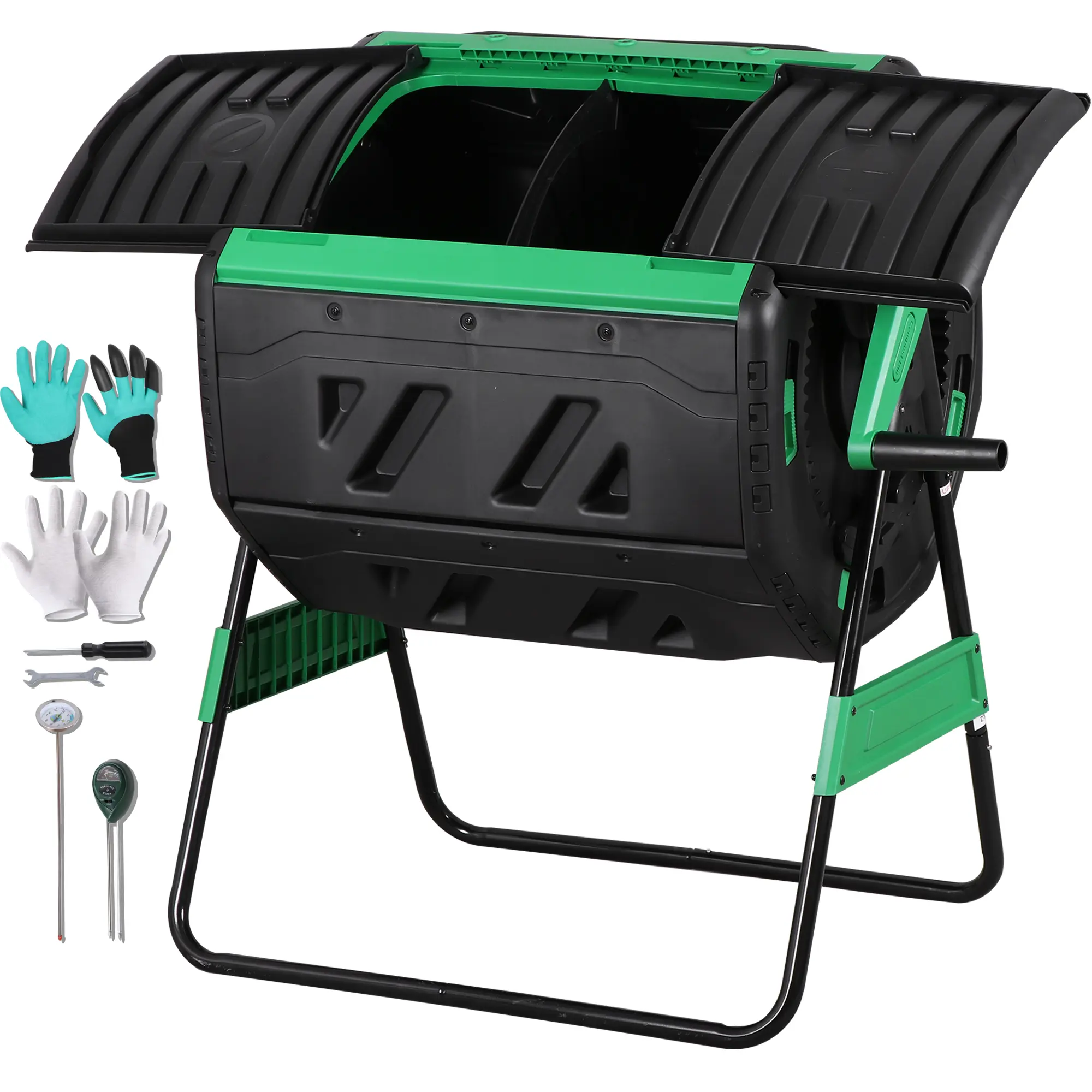 SUPERDEAL 53gal Dual Chamber Plastic Rotatable Compost Tumbler - BPA-Free Outdoor Balcony-Size Fit Set Bundle with 8 Adjustable Vents, 2 Sliding Easy Access Doors, Sturdy Steel Frame, Thermometer for Kitchen Scraps, Garden Waste