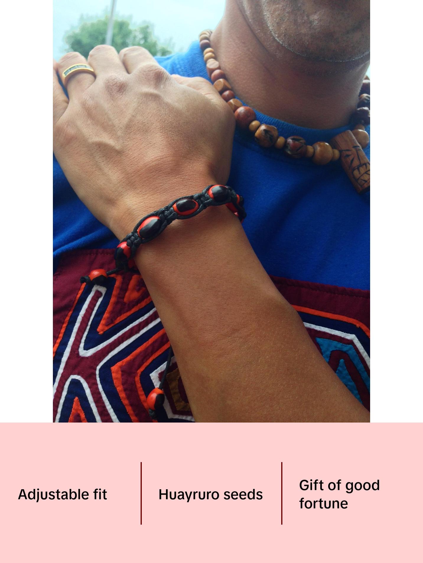 Adjustable Macramé Good Luck Bracelet – Handmade with Huayruro Seeds