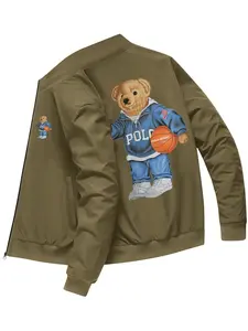 Men’s autumn/winter jacket with a ribbed collar, featuring a basketball bear graphic print; a casual sports streetwear outerwear piece with zippered pockets, ideal as a gift for men or loved ones.