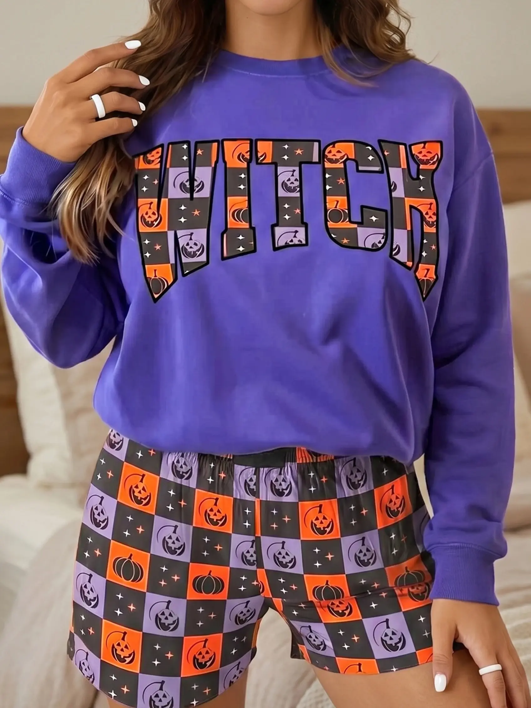 Women's 2-Piece Casual Pajama Set - Baggy Longsleeve Purple Oversized Crewneck Sweatshirt, Pumpkin Print Checker Shorts, Fall Spooky Halloween Witch Loungewear, Lightweight, Fit, Day Nightwear, Poly-C, Machine Wash Cold, Vintage, Elastic, Breathable