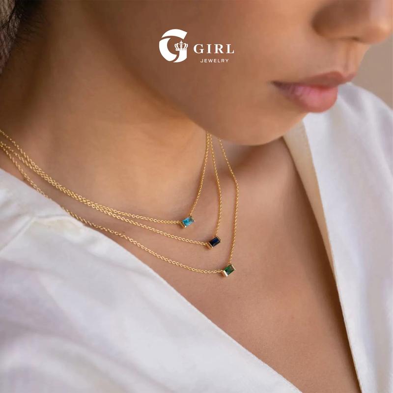 GGIRL Birthstone Necklace Minimalist - Dainty Baguette Charm 18K Gold Plated Necklace Gemstone Jewelry - Fashion Jewelry Gift for Holiday Haul Christmas Birthdays Anniversaries Personalized Gift for Her