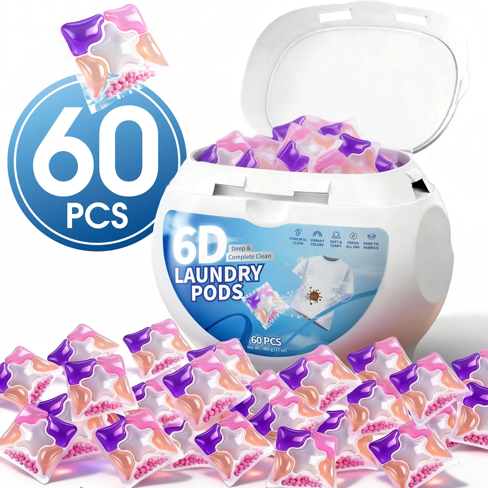 60 Pack 6-in-1 Laundry Clean Pods, Stain-Fighting Odor-Removing Brightening Laundry Capsules with Long-Lasting Freshness, Quick Dissolve for Cold/Hot Wash, Safe for HE & Standard Machines