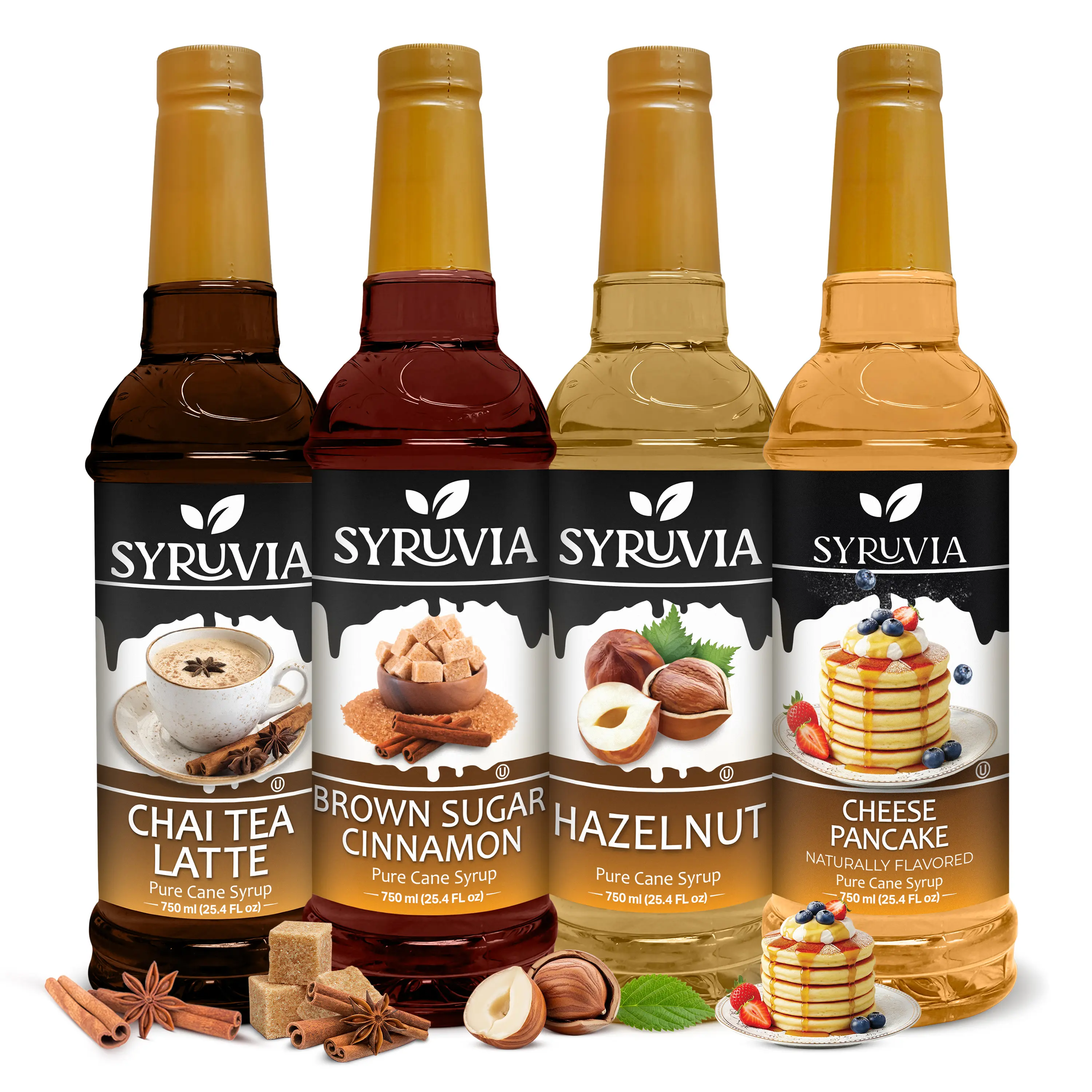 Syruvia Warm-Sweet Flavor Gluten-Free Cane Sugar Syrup 4-Pack - Plastic Bottles, 25.4 fl oz, 36 Months Shelf Life, Ambient Storage - Chai Tea Latte, Brown Sugar Cinnamon, Hazelnut, Cheese Pancake Flavors - Beverage Prep Mix for Coffee, Desserts