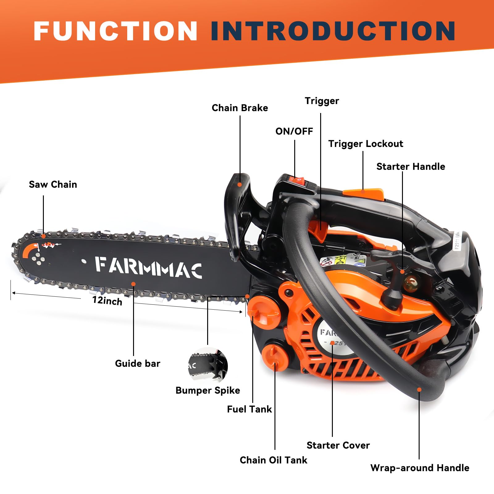25cc 12 Inch Handheld Gas Chainsaw, 2-Stroke Top Handle Chainsaw,Lightweight Compact Portable Chainsaw Gas Chain Saw for Tree Wood Cutting