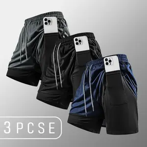 Men's  2-in-1 Double-Layer High-Stretch Sports Shorts with Inner Pocket — Set of 3 for Summer Gym Workouts and Training