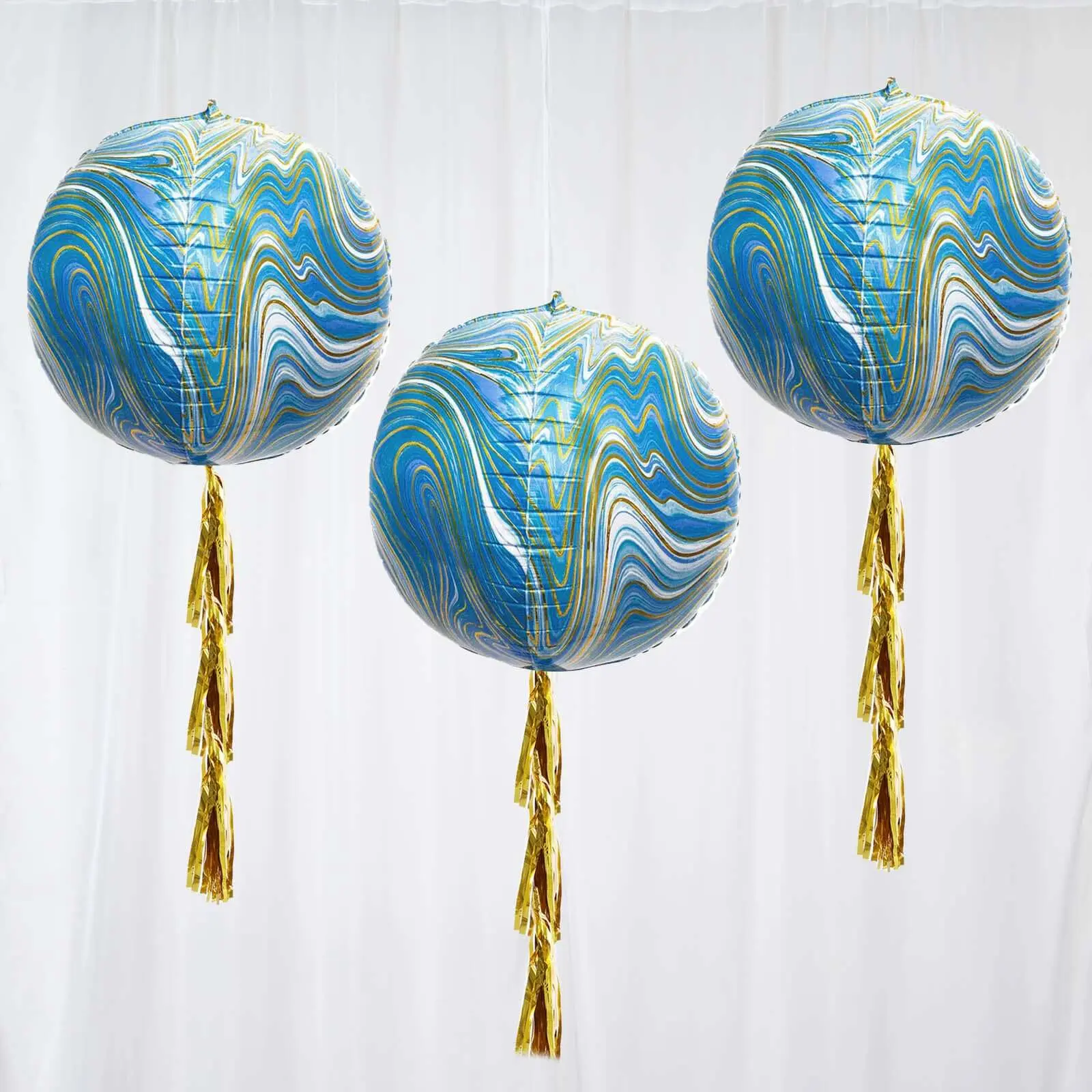 13" Reusable Sphere Shape Metallic Foil Balloons (3-Pack) - 4D Blue Gold Marble, Helium or Air Inflatable, Balloon Party Supplies for Birthday Party