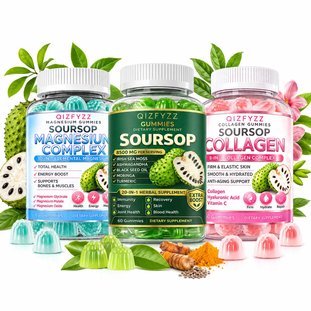 Soursop Triple-Action Wellness Formula Natural Dietary Supplement – Magnesium + Herbal + Collagen Gummies, 8500mg High-Potency Support for Immunity, Energy, Skin & Joint Health
