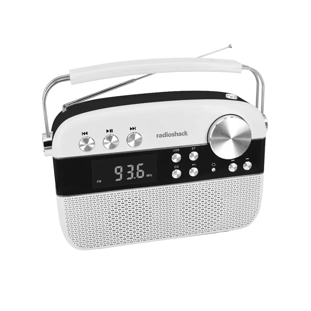 RadioShack Vintage AM/FM Dual-Band Radio Player - Compact Handheld ABS Radio with Bluetooth, USB, TF Ports, Carry Handle, Rechargeable Batteries, White 1202267 Audio Speaker