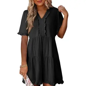 Womens Dresses 2026 Summer Spring V Neck Ruffle Short Sleeve Casual A-Line Flowy Swing Shift Dress Mini Dress