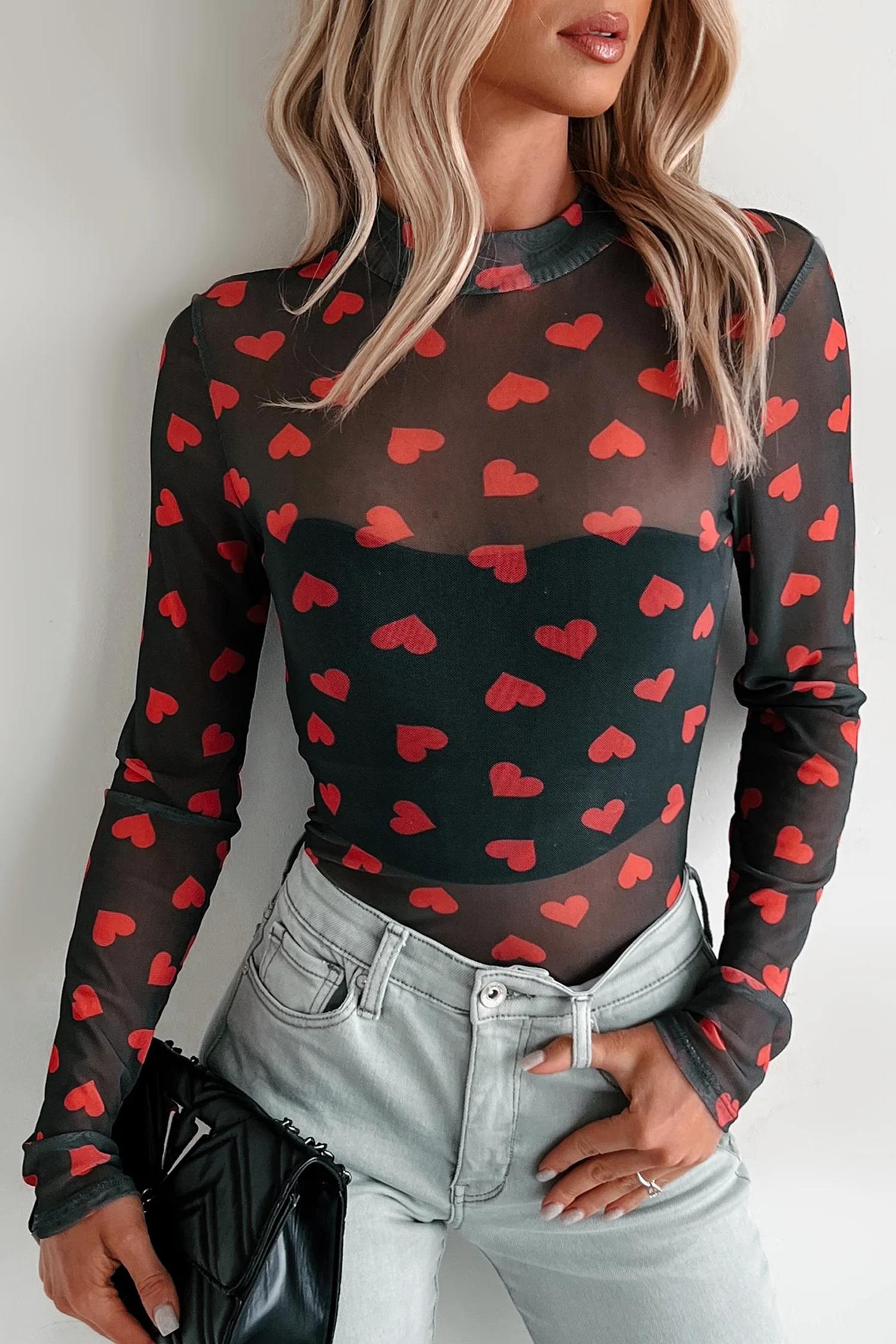 Mntaor Women's Rose Floral Mesh Mock Neck Top, Slim Fit Long Sleeve Rose Print Shirt  for Chic Casual Style Womenswear