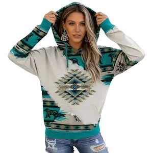 Women's Casual Long Sleeve Hooded Sweatshirt with Ethnic Aztec Geometric Print Patchwork Design, Drawstring Hood, Kangaroo Pocket, Soft Fleece Lined Pullover Top for Fall Winter