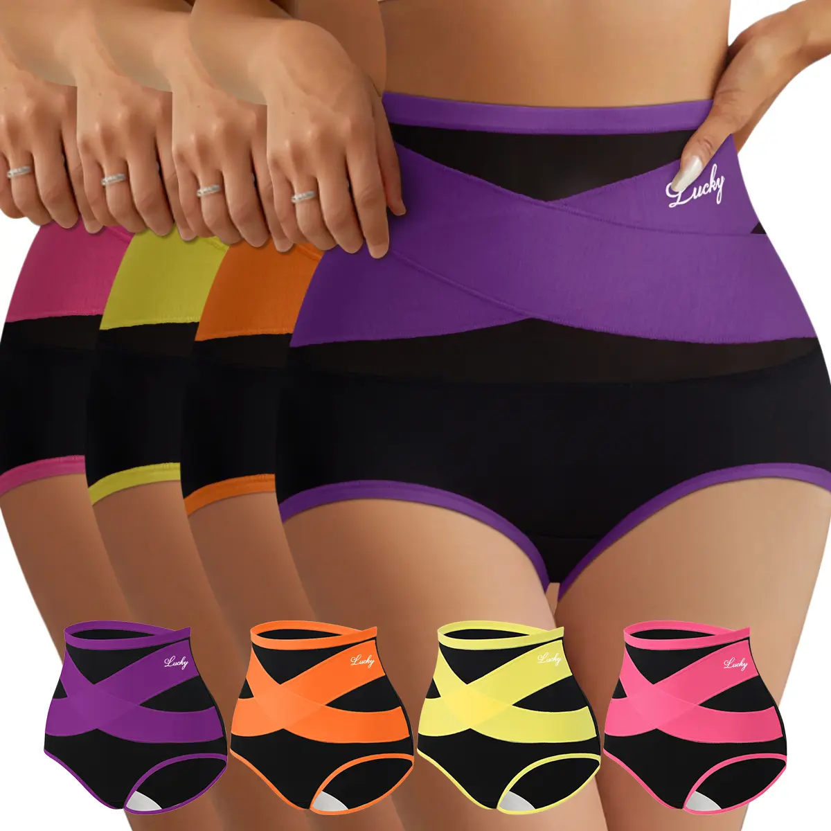 4PCS Women's High-Waist Crossover Panties, Polyester Lightweight Smooth Comfortable Soft Color-Block, Tummy Control, Slimming Hip Lifting Breathable, Highly Elastic Basic Elegant Day Wear